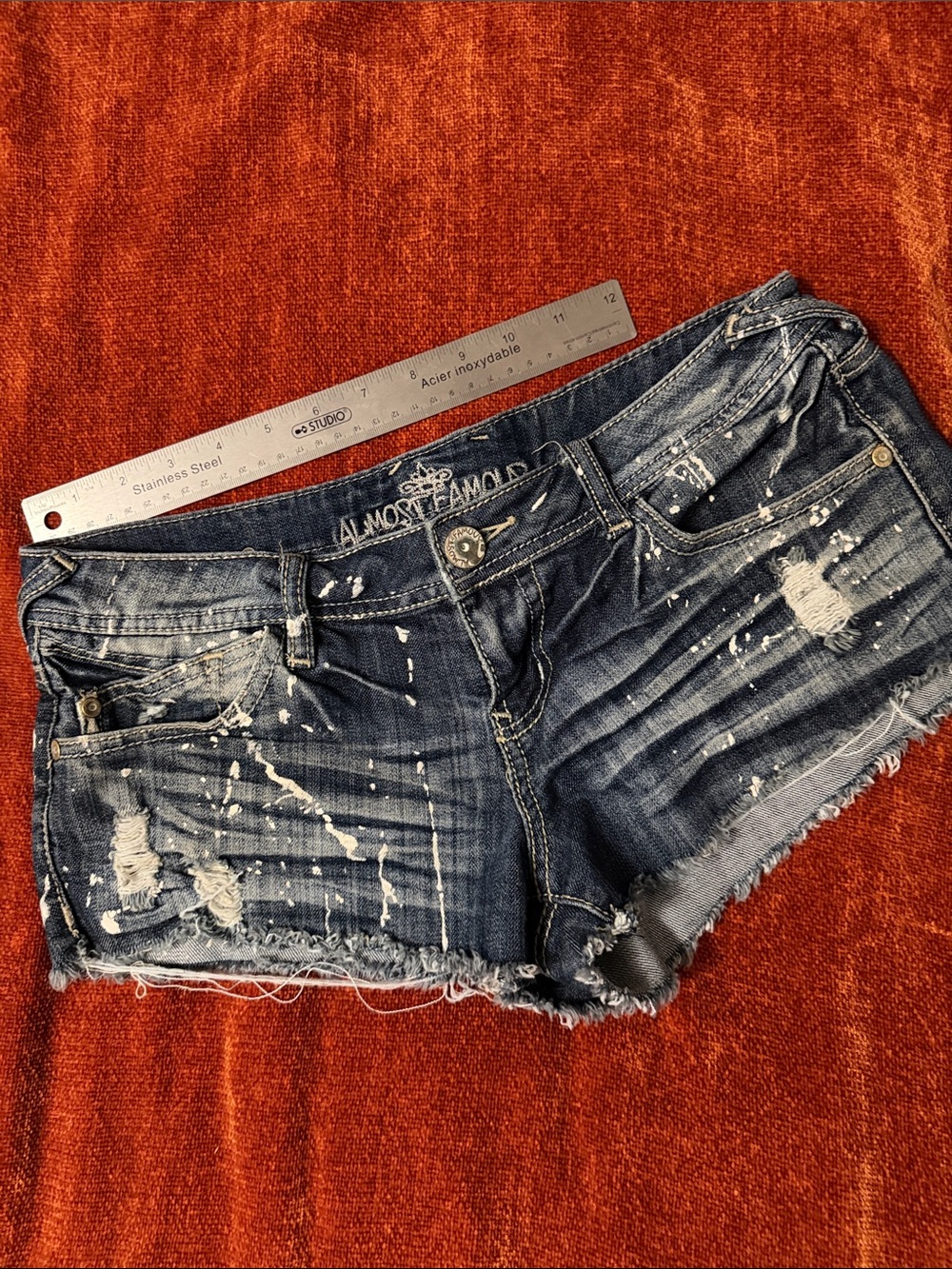 Almost Famous | Dark Blue Distressed Cutoff Shorts with Paint-Splatter | 28